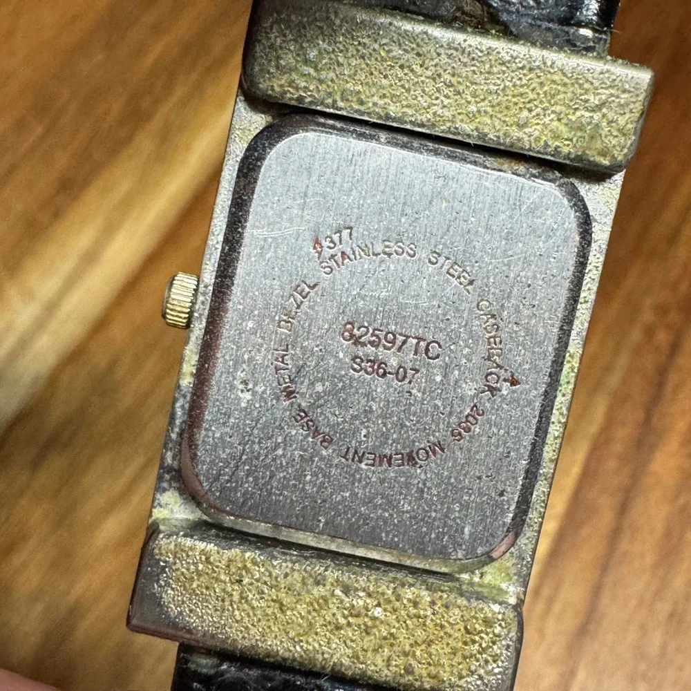 Vintage Silver Tone Rectangular Cuff Watch Black Textured Band 82597TC S36-07